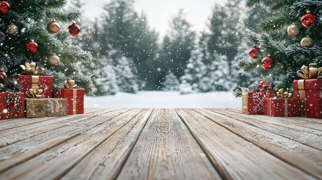 close up Christmas scene with Christmas attributes tree and gifts on the left and right sides, the central part has a lot of free space, perspective wooden floor, background snow garden, image