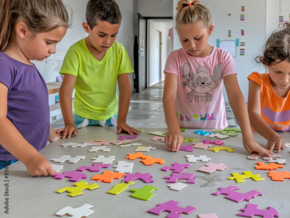 Poster Diverse Group of Elementary Students Collaborating on a Math Puzzle in a Modern Classroom during Daytime - Interactive and Cooperative Learning Experience