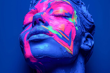Artistic Face Painted with Neon Colors Under UV Light