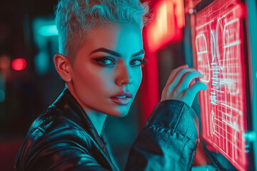 Woman with Short Hair Interacting with Futuristic Digital Interface