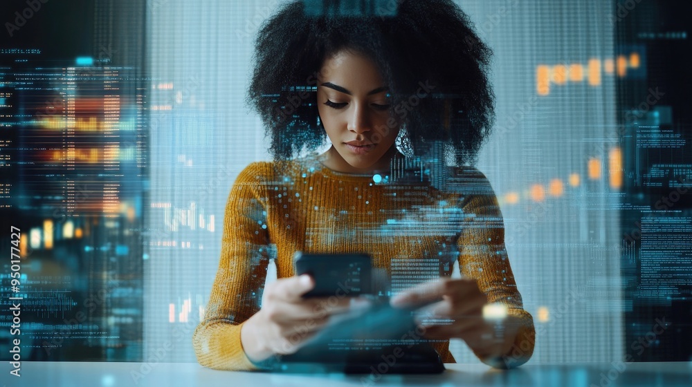 Poster overhead view of a woman multitasking with a smartphone and a laptop, searching through data network