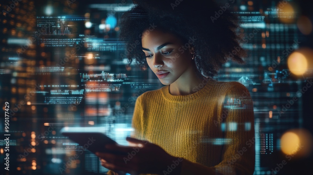 Poster overhead view of a woman multitasking with a smartphone and a laptop, searching through data network