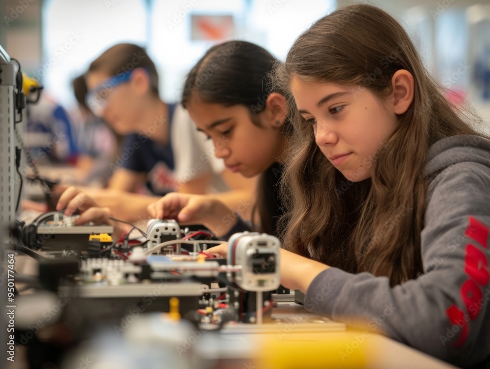 Aufkleber collaborative high school students working on robotics project in modern classroom, engaged and focu