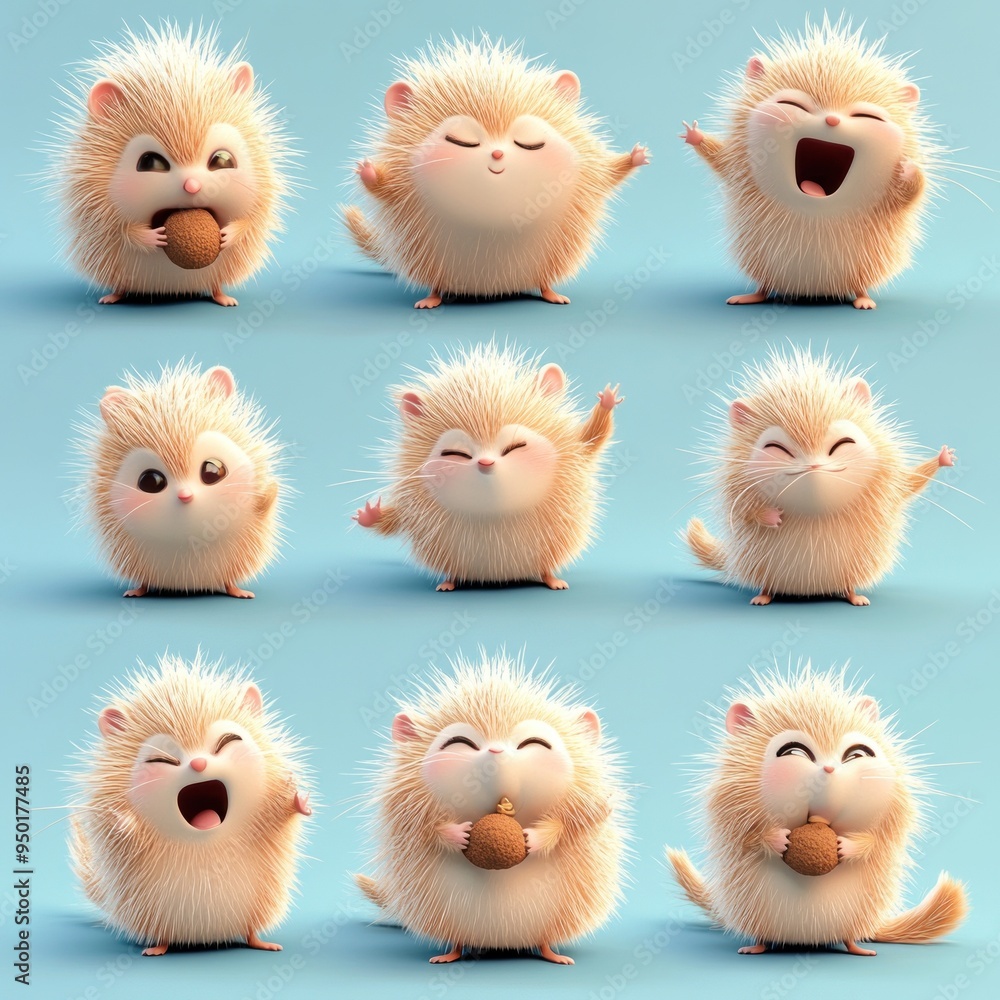 Wall mural Cute animated hedgehogs displaying various joyful expressions and actions.