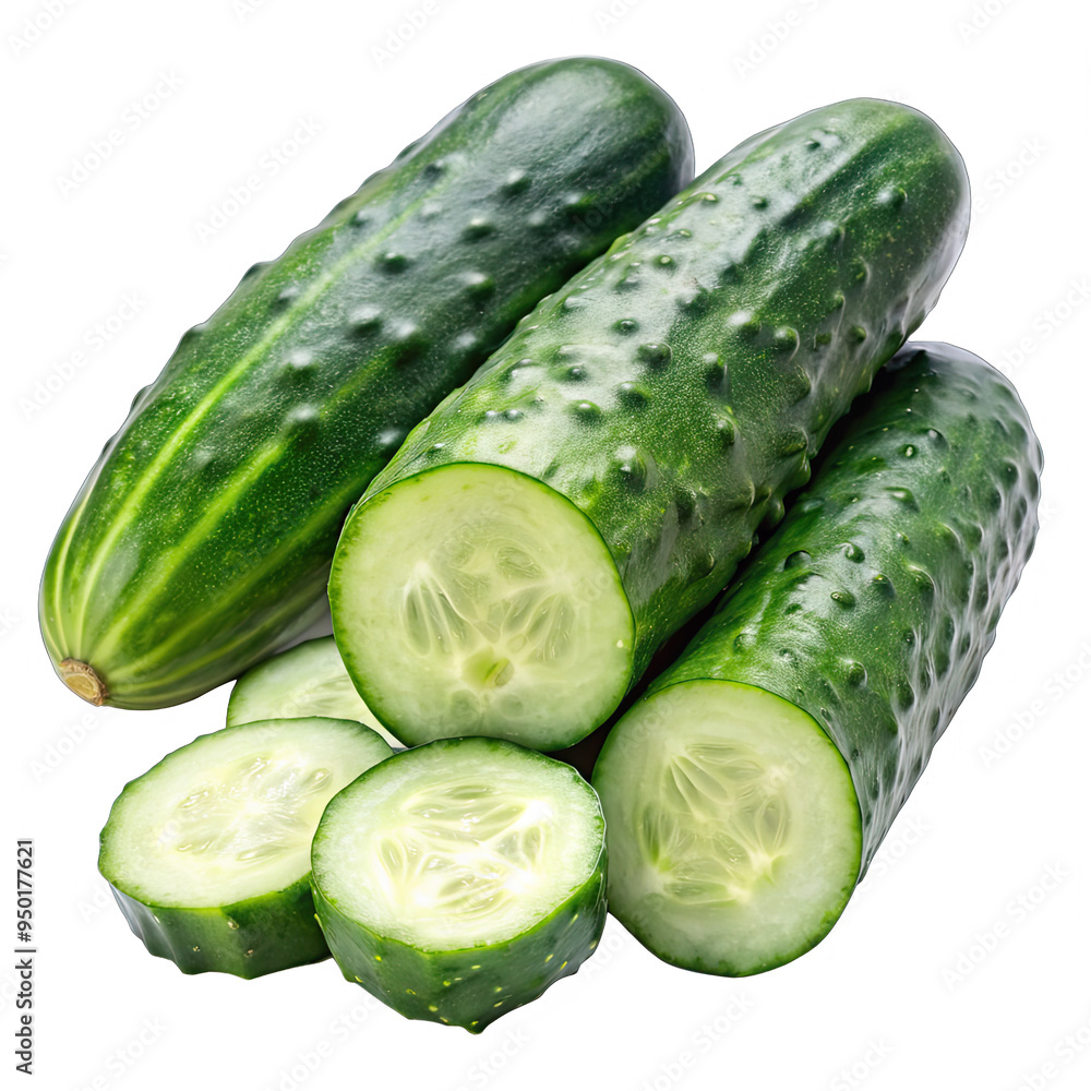 Aufkleber a group of whole cucumbers and half-cut cucumbers sit on a white surface. some cucumbers are sliced 