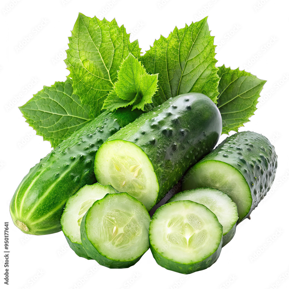 Poster a group of fresh green cucumbers with leaves, some sliced and some whole. the cucumbers are arranged