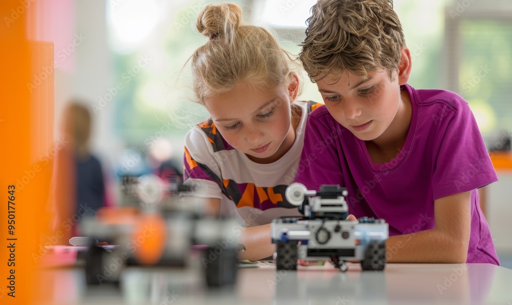 Leinwandbilder Diverse Youth Collaborating on Robot Programming in a Tech-Enhanced Classroom Teamwork, Assistance, and Knowledge Sharing in the Morning
