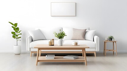 Natural wood coffee table in a minimalist interior, with light wood floors and white walls, creating a bright and airy atmosphere minimalist realistic