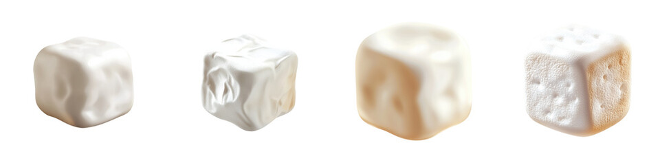 A collection of white sugar cubes showcasing different textures and shapes, perfect for culinary and beverage themes.