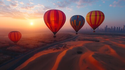 Many hot air balloons above Dubai, showcasing luxury shopping, ultramodern architecture, and desert safaris in a realistic setting..