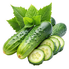 A close-up of fresh green cucumbers with leaves, some sliced and some whole, against a white background