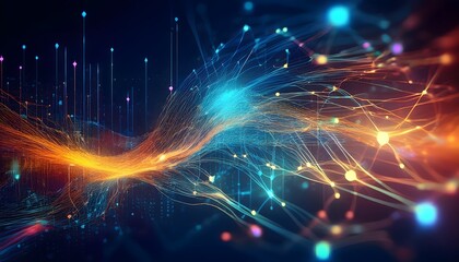 Fototapeta premium Technology Network Digital Data Flow Artificial Intelligence data processing visualization. Wireless data transmission. Data Science Machine Learning concept background wallpaper