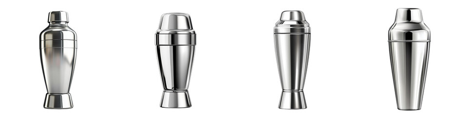 A collection of stylish stainless steel cocktail shakers, perfect for mixing drinks and enhancing your barware collection.