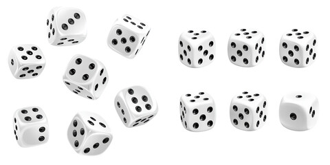 A collection of realistic white dice with black dots, perfect for games, gambling, and tabletop activities.
