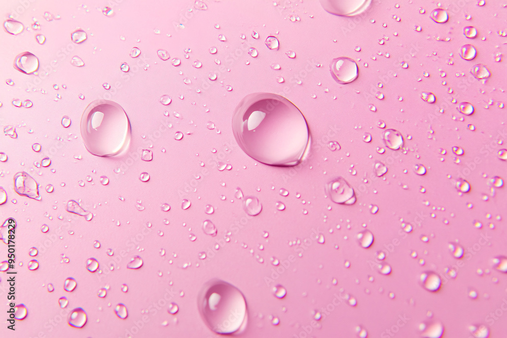 Poster detailed macro shot of clear water droplets on a light pink background creating a soft and fresh abs