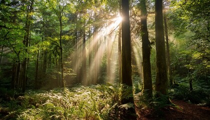 Fototapeta premium Sunbeams Filtering Through a Dense Forest Canopy