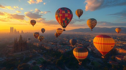 Obraz premium Many hot air balloons soaring over Barcelona with a focus on realistic daylight..