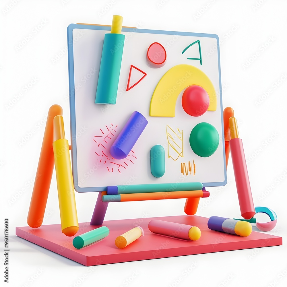 Poster vibrant flipchart boards with scattered multicolored markers and abstract geometric elements in mini