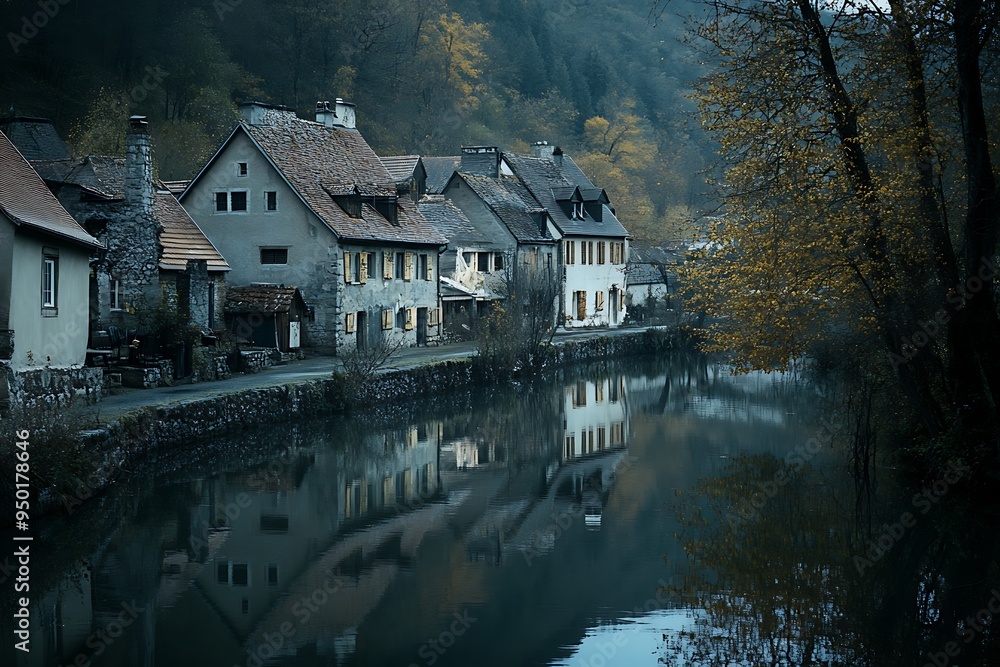 Wall mural houses on the bank