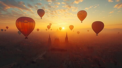 Obraz premium Many hot air balloons soaring over Barcelona with a focus on realistic daylight..