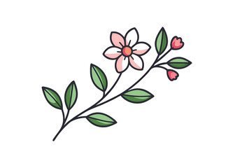 A beautifully detailed drawing of a vibrant flower resting on a delicate branch surrounded by lush green leaves, creating a serene composition