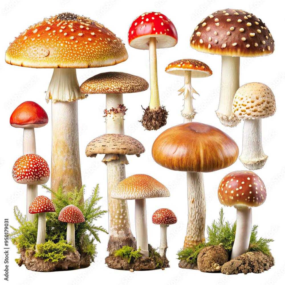 Poster a group of various mushrooms with different colors and shapes are isolated against a white backdrop