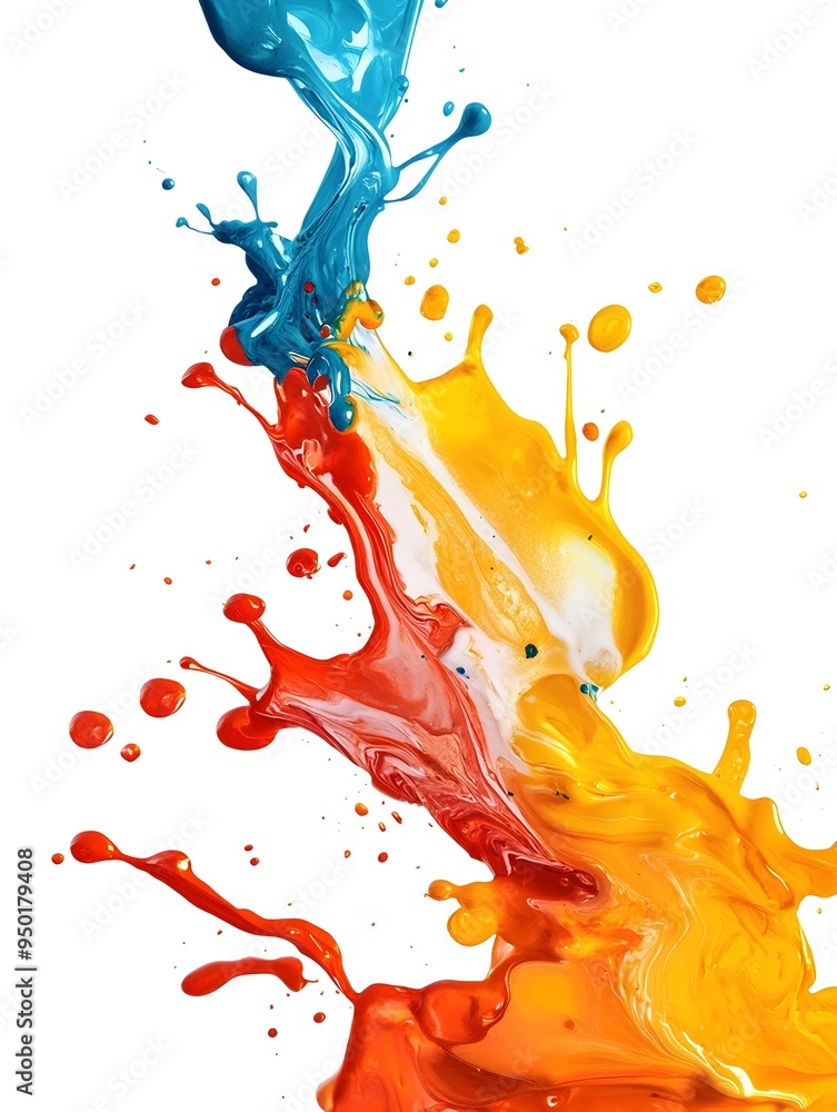Poster vibrant fluid digital ink splashes in dynamic abstract composition on isolate white background
