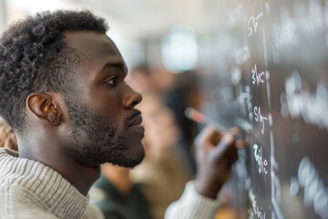 Experienced Male High School Math Teacher with Dark Skin Engages Students by Writing Complex Equations on Blackboard in Classroom