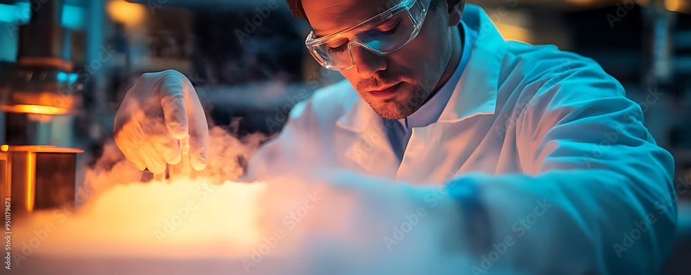 Poster scientist working with liquid nitrogen in a laboratory - realistic image