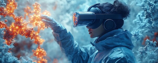 Woman in VR Headset Reaches for Abstract, Glowing Orange Structures in a Futuristic World - Illustration