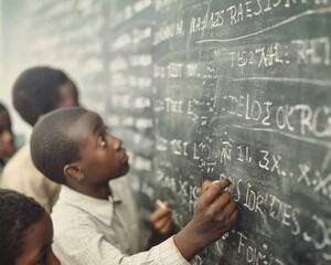 Dedicated Male Teacher of African Descent Writing Complex Math Problem on Blackboard in High School Classroom, Students Observing, Focused Academic Atmosphere, Daytime