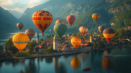 Fototapeta premium Many hot air balloons above Hallstatt, Austria, in a realistic daylight setting..