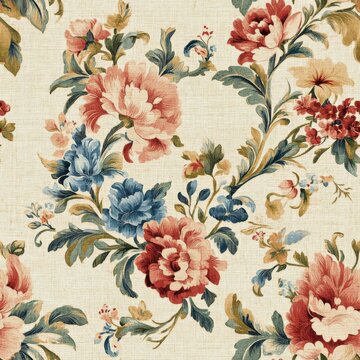 Vintage Baroque floral medallion pattern on vintage beige fabric background, seamless repeating pattern, textile print style, minimal, Baroque design, seamless floral medallion pattern, home decor