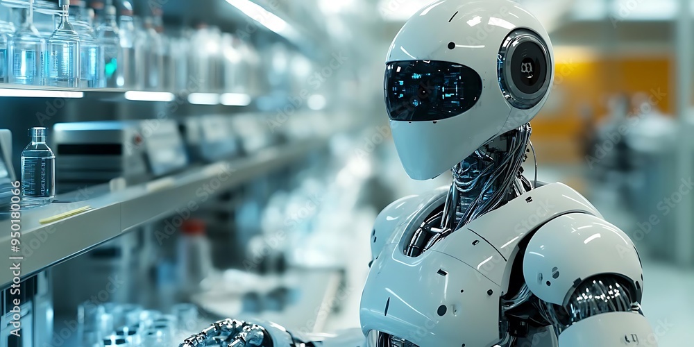 Poster white robot in a laboratory setting 3d illustration