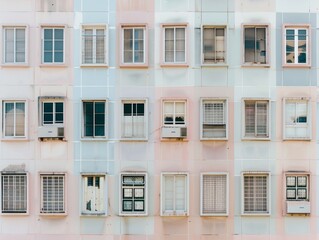 Obraz premium Aerial View of Pastel-Colored Geometric Window Pattern on Symmetrical Building Facade at Daytime, Emphasizing Soft Lighting and Intricate Designs
