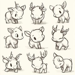Obraz premium A collection of cute animal sketches featuring various stylized cows and deer.