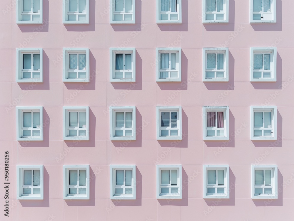 Poster Aerial View of Symmetrical Pastel Pink Building Windows in Soft Diffused Light Captured from Above Highlighting Geometric Pattern and Texture