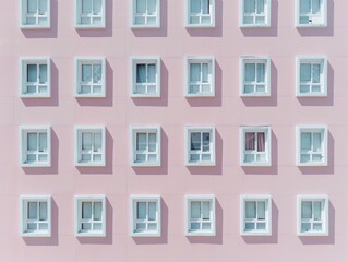 Fototapeta premium Aerial View of Symmetrical Pastel Pink Building Windows in Soft Diffused Light Captured from Above Highlighting Geometric Pattern and Texture