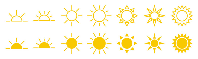 Yellow sun vector icon set 