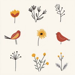 A collection of simple floral and bird illustrations in a grid layout.