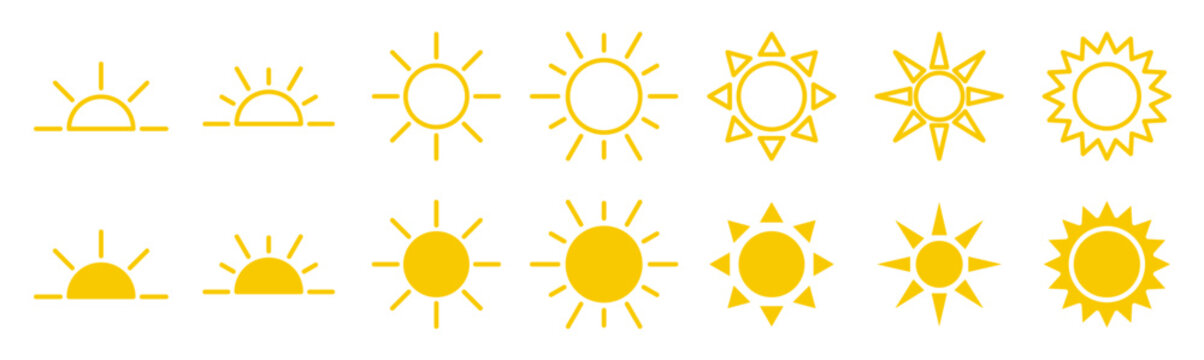 Yellow sun vector icon set 
