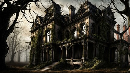 Obraz premium Abandoned Victorian Mansion with Ivy and Foggy Forest