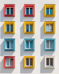 Fototapeta premium Colorful Pastel Windows on White Background Bright, Clean, and Repetitive Architectural Detail