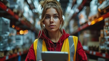 Female Warehouse Worker in Reflective Vest Inspecting Shelves with Tablet Device