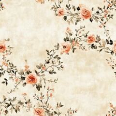 Vintage Baroque floral wreath pattern on vintage beige fabric background, seamless repeating pattern, textile print style, minimal, Baroque design, seamless floral wreath pattern, home decor, textiles