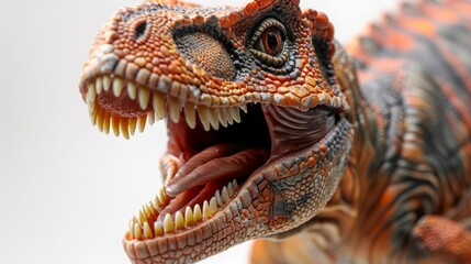 Fototapeta premium Close-up of a plastic T-Rex toy facing right, head turned left with sharp teeth displayed. Skin around mouth red, body striped in orange, black, yellow, and red on a white background.