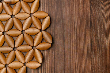 Wooden background with decor. Flat lay, top view. Space for text.