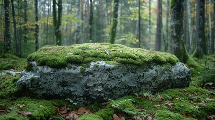 Tranquil Forest Scene with Moss-Covered Rock and Tall Trees in Background