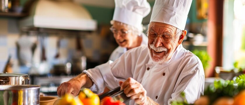 Two elderly chefs in a professional kitchen, dressed in white uniforms with tall hats, happily cook amidst well-equipped tools and a variety of fruits and vegetables.