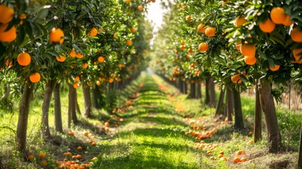 Lush orange grove with ripe fruit, neatly arranged trees, and a warm sunlit glow. Pathway adds depth to the vibrant scene.